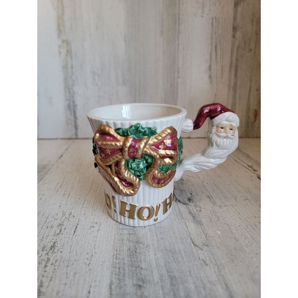Fitz Floyd cup Ho‎ Ho Ho mug wreath xmas santa decor